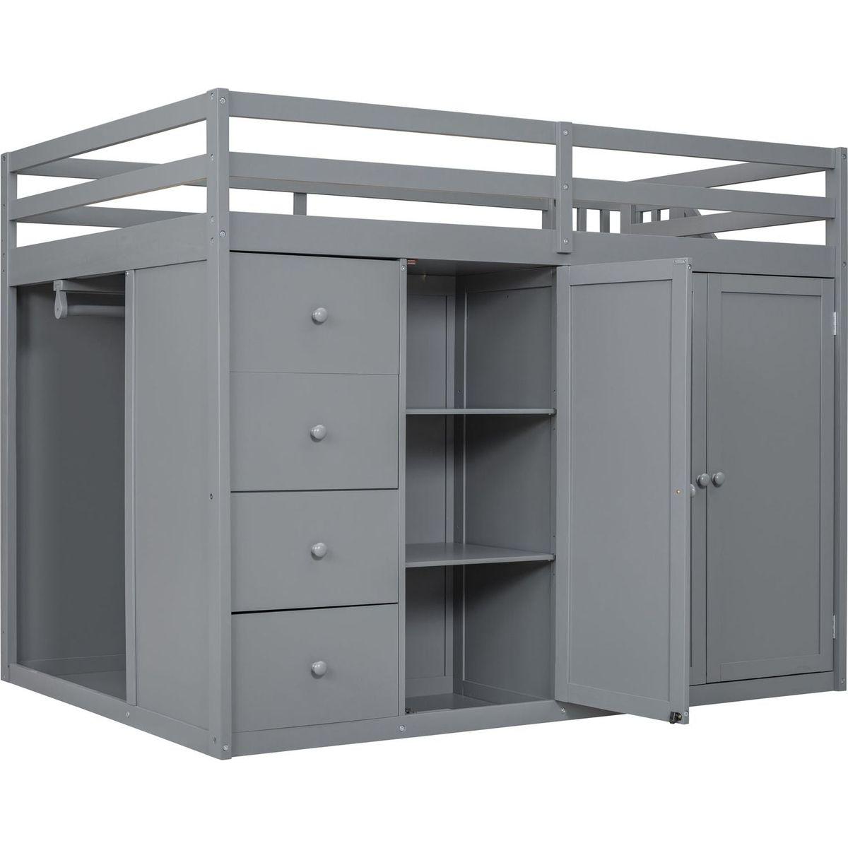 Full Size Wood Loft Bed With Built-in Wardrobes, Cabinets and Drawers, Gray