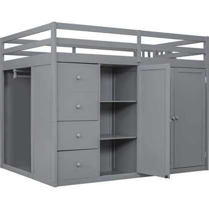 Full Size Wood Loft Bed With Built-in Wardrobes, Cabinets and Drawers, Gray
