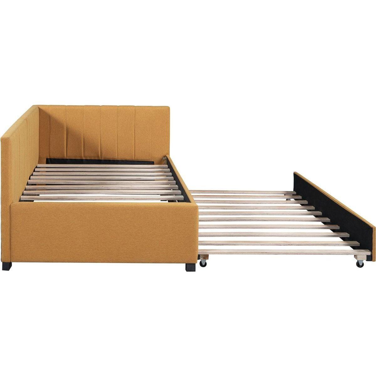 Upholstered Daybed with Trundle Twin Size Sofa Bed Frame No Box Spring Needed, Linen Fabric(Yellow)