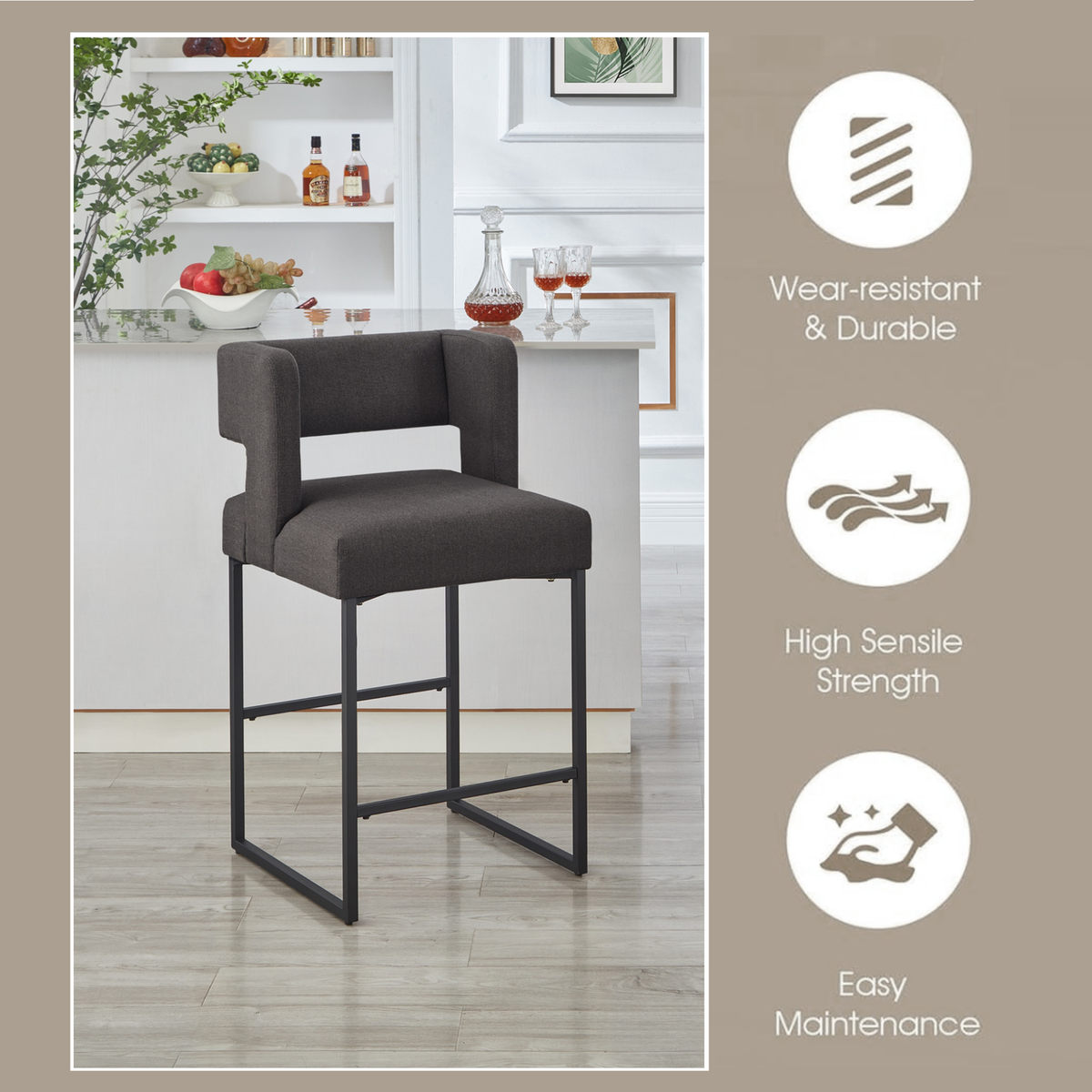 Modern Fashion Counter Height Bar Stools with Unique Square Open Backrest,Set of 2 Versatile Bar Chairs with Sturdy Iron Legs, 26" H Counter Height Chairs for kitchen islands, Dark Grey /Black