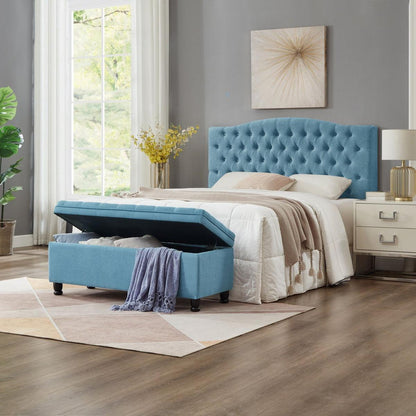 Upholstered tufted button storage bench, Linen fabric entry bench with spindle wooden legs, Bed bench- Light Blue