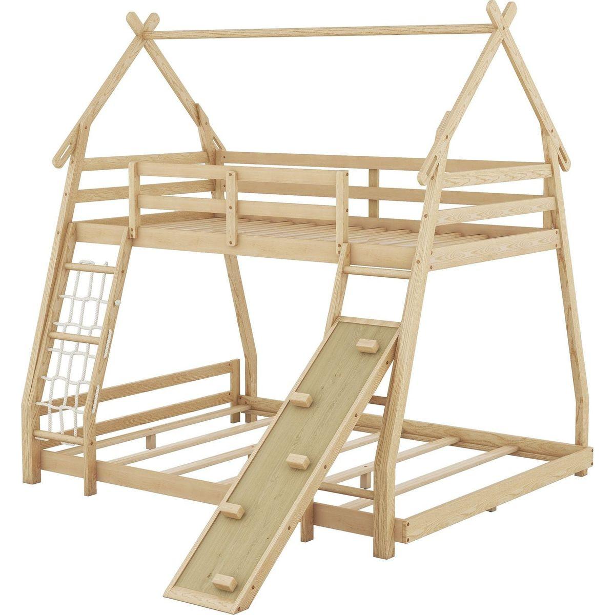 Twin over Queen House Bunk Bed with Climbing Nets and Climbing Ramp, Natural