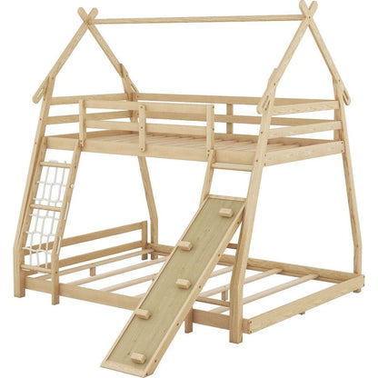 Twin over Queen House Bunk Bed with Climbing Nets and Climbing Ramp, Natural