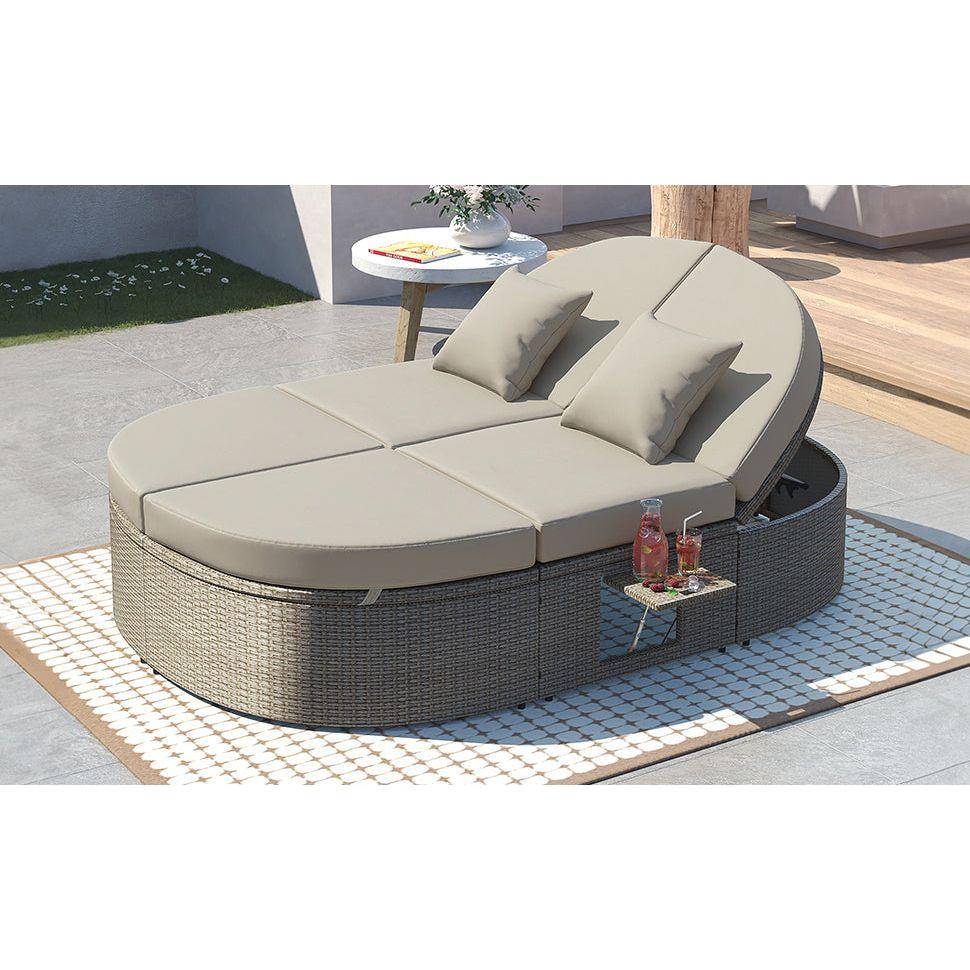 Outdoor Sun Bed Patio 2-Person Daybed with Cushions and Pillows, Rattan Garden Reclining Chaise Lounge with Adjustable Backrests and Foldable Cup Trays for Lawn,Poolside, Gray