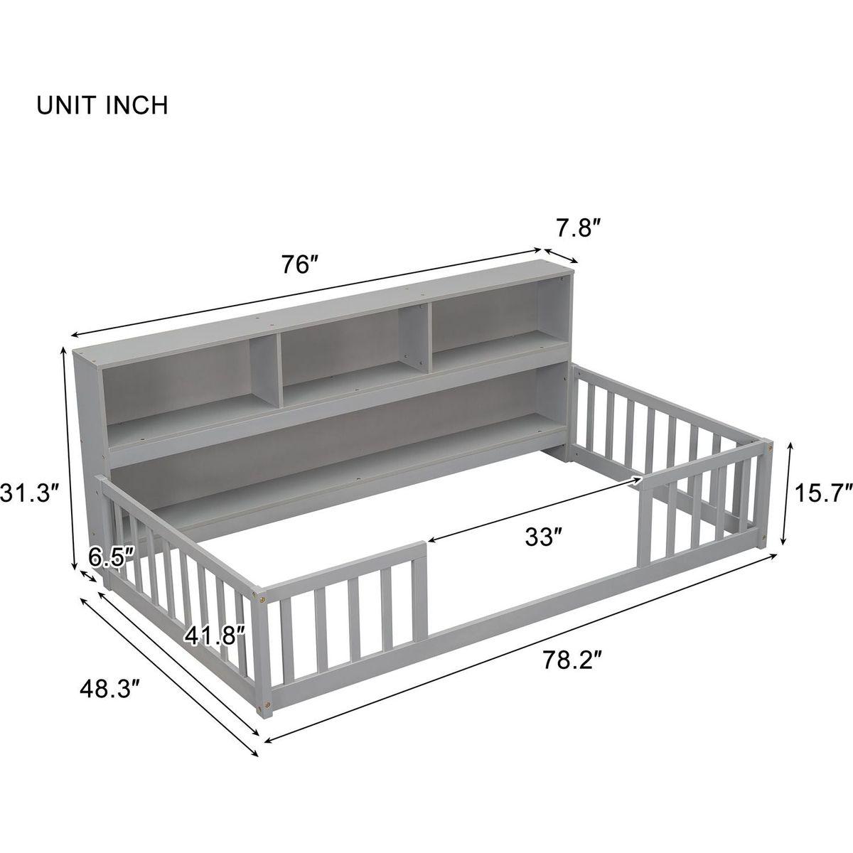 Twin Floor Bed with Bedside Bookcase,Shelves,Guardrails,Grey