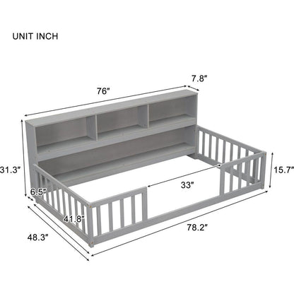 Twin Floor Bed with Bedside Bookcase,Shelves,Guardrails,Grey