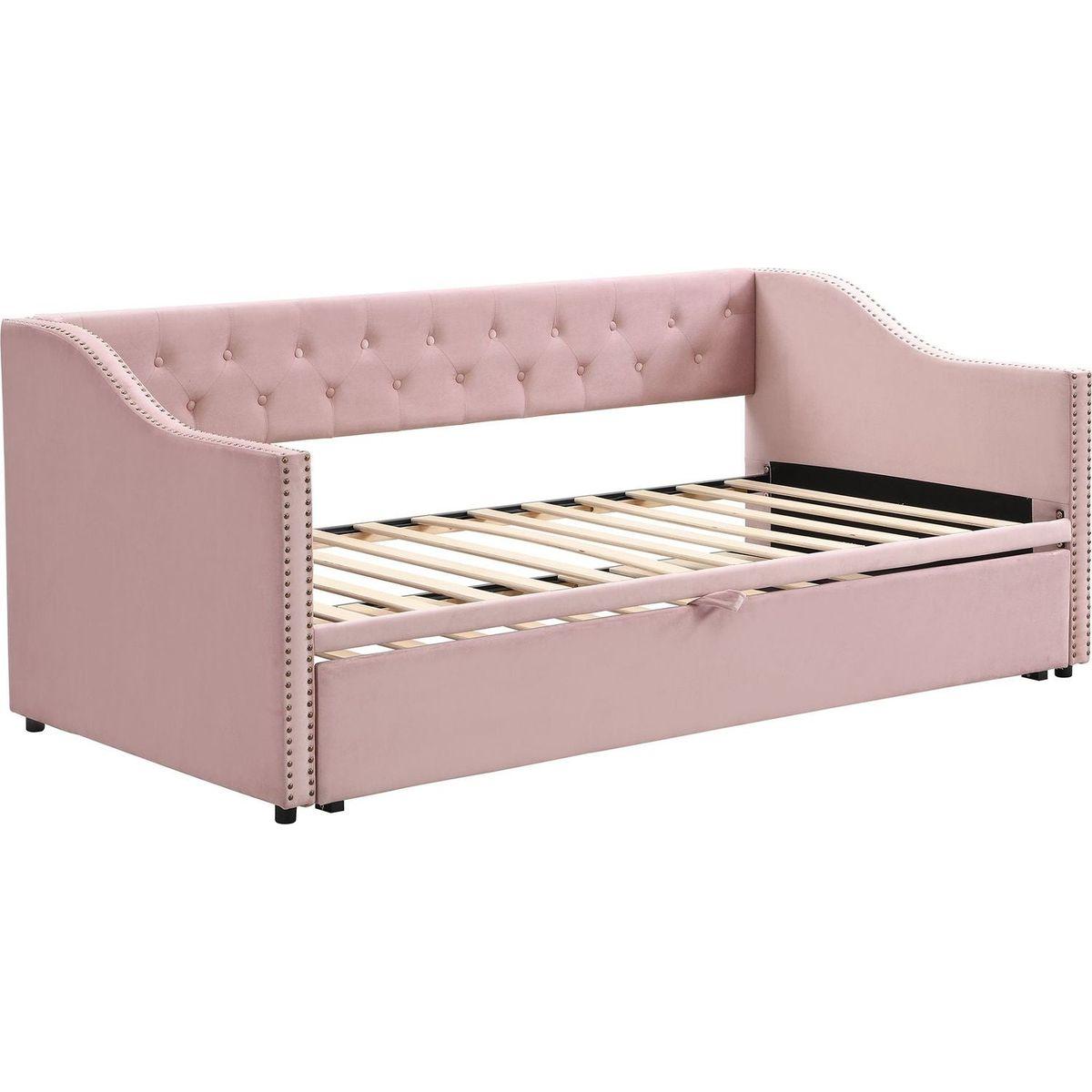 Twin Size Upholstered daybed with Pop Up Trundle, Pink