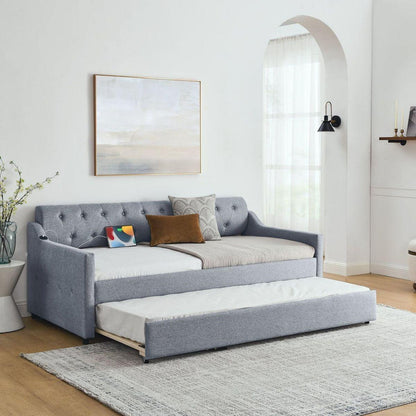 Twin Size Upholstery DayBed with Twin Size Erectable Trundle and USB Charging Design, Linen Grey