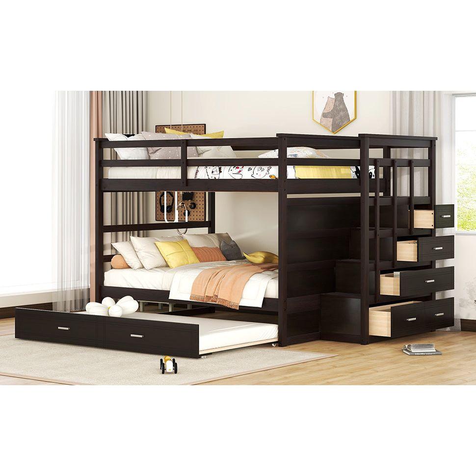 Full Over Full Bunk Bed with Twin Size Trundle and Staircase, Espresso