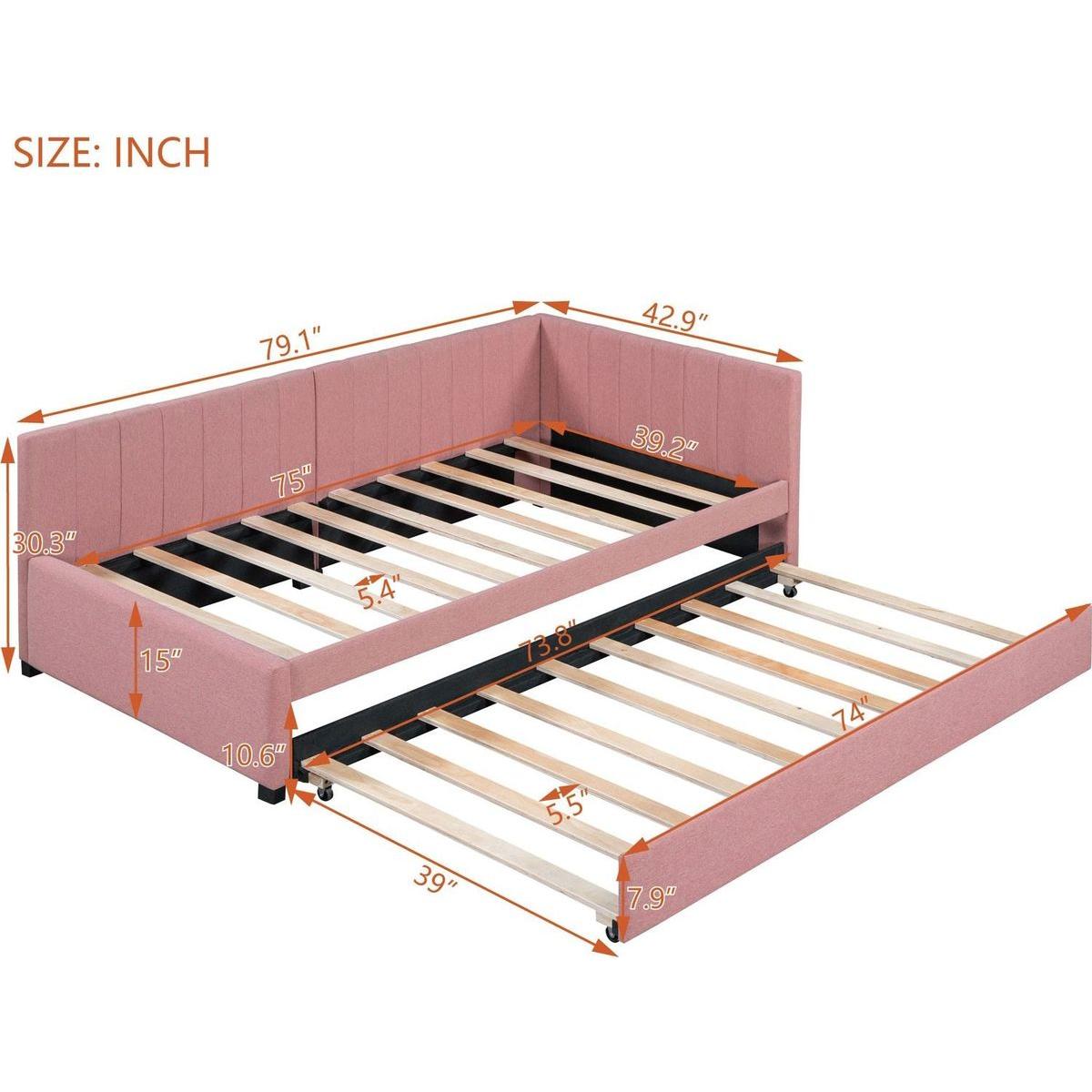 Upholstered Daybed with Trundle Twin Size Sofa Bed Frame No Box Spring Needed, Linen Fabric(Pink)