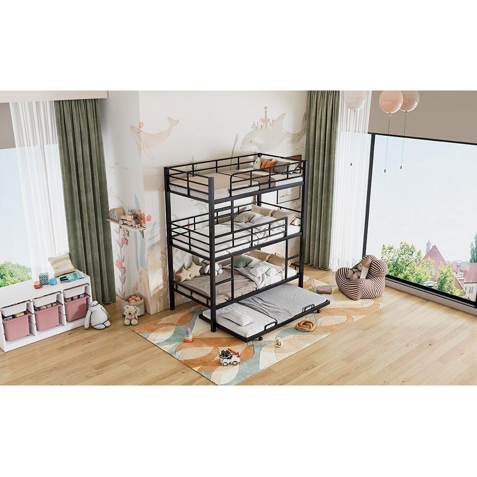 Metal Twin Size Triple Bunk Bed With Trundle, Black