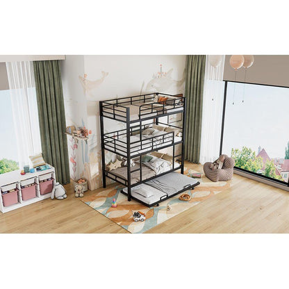 Metal Twin Size Triple Bunk Bed With Trundle, Black