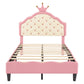 Twin Size Lovely Crown Fantasy PU Leather Princess Bed with Tufted Headboard, Pink+Cream