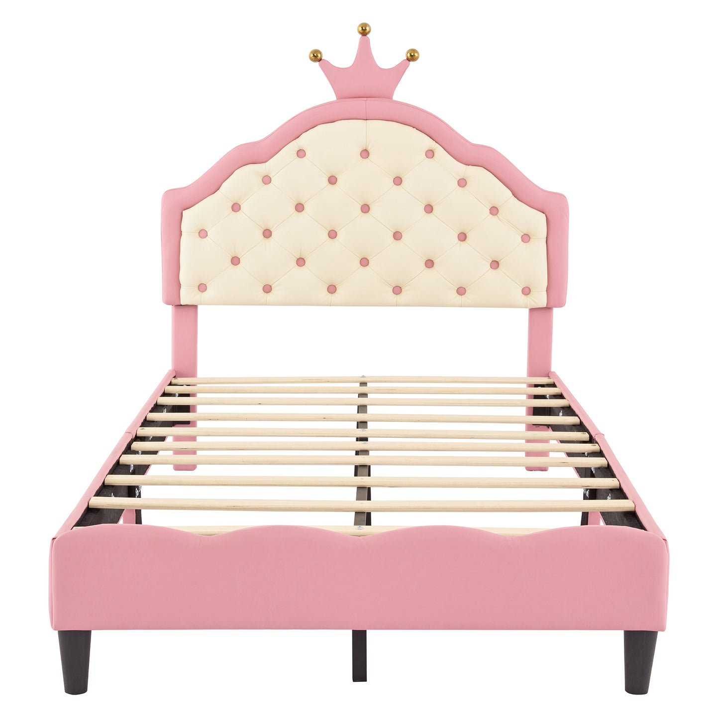 Twin Size Lovely Crown Fantasy PU Leather Princess Bed with Tufted Headboard, Pink+Cream