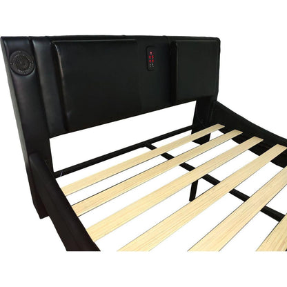 Faux Leather Upholstered Platform Bed Frame with led lighting, Bluetooth connection to play music control, Backrest vibration massage, Curve Design, Wood Slat Support, Exhibited Speakers,Queen