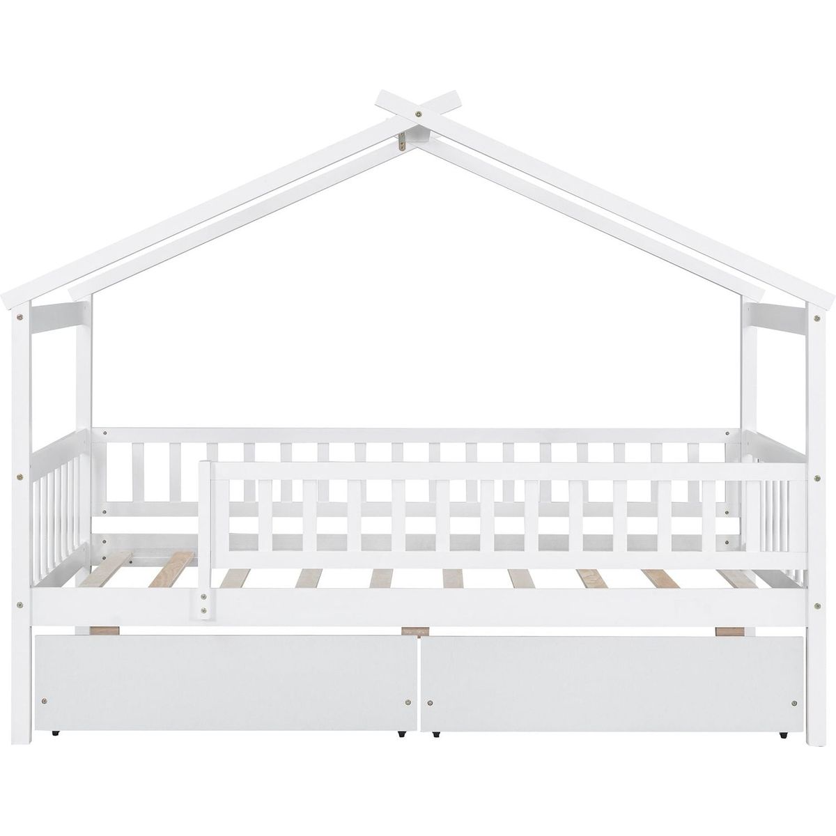 Twin Size Wooden House Bed with Two Drawers, White