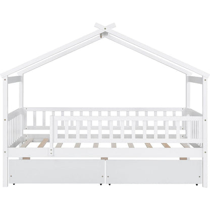 Twin Size Wooden House Bed with Two Drawers, White