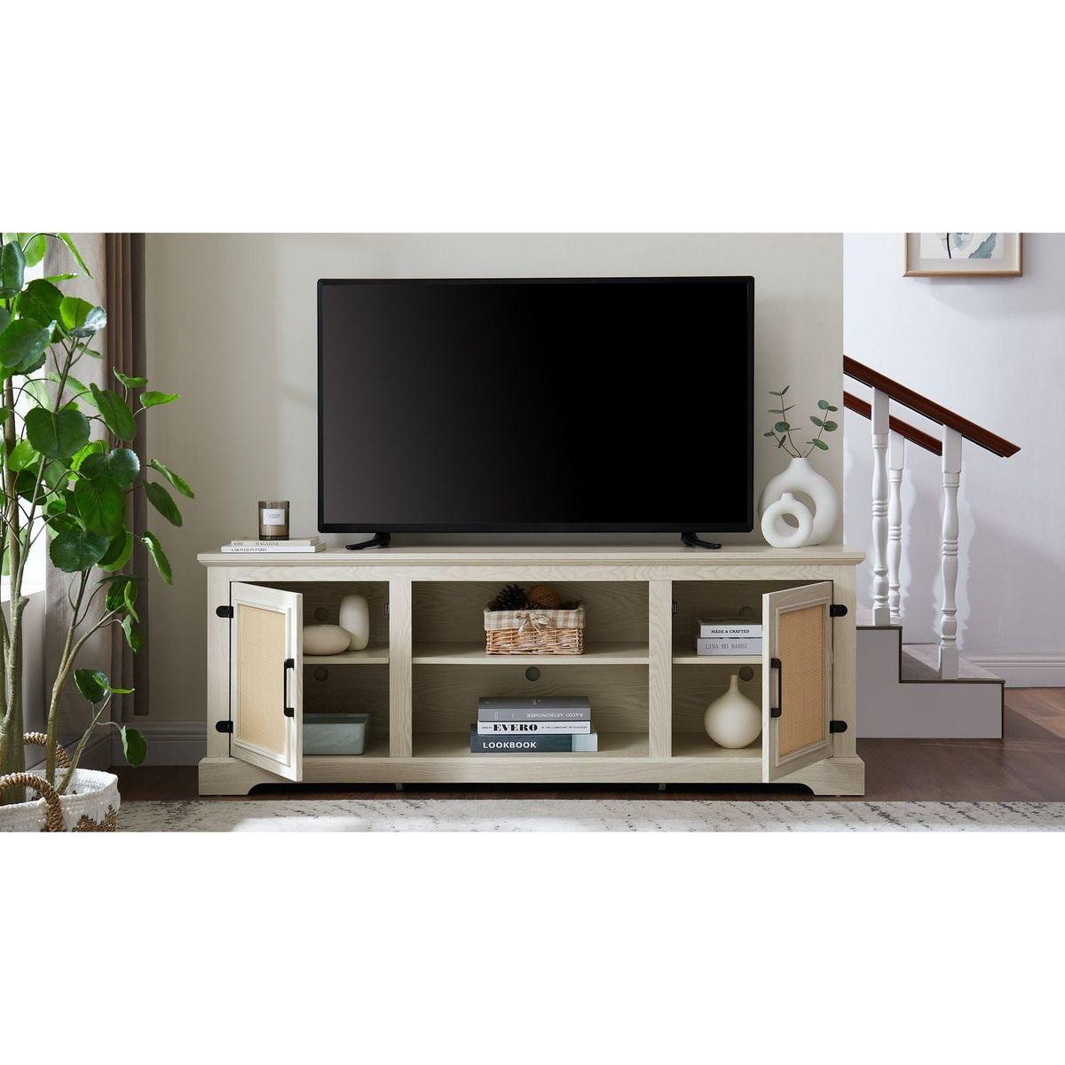 Farmhouse Rattan TV Stand Console Table for TVs up to 70 Inches, TV Console Table with 2 Storage Shelves, 2 Natural Rattan Door Cabinets,65"Wx15.55"Dx23.86"H, White