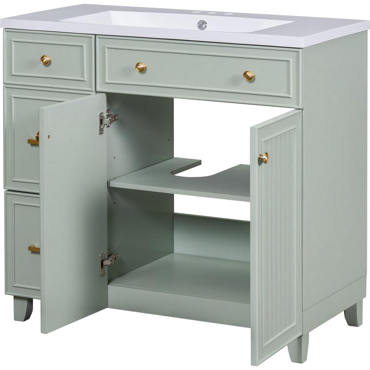 36-inch Bathroom Vanity, Transitional Style Bathroom Cabinet with Resin Sink, Green Single Bathroom Cabinet, with 2 Drawers and 1 Adjustable Storage Shelf, 2 Soft-close Doors