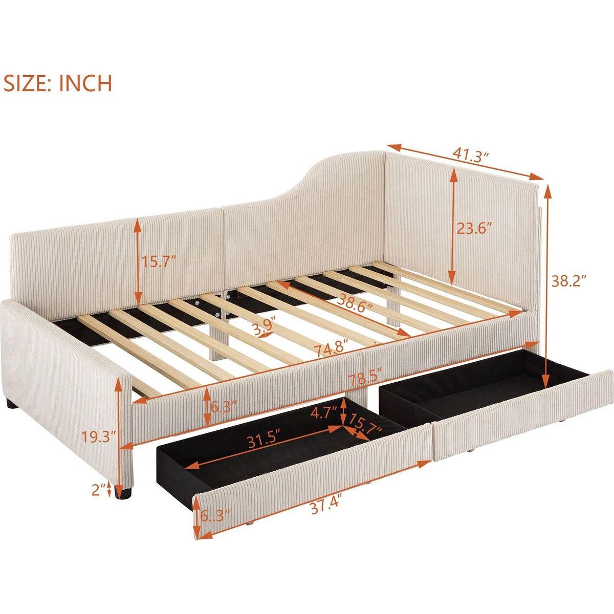 Twin Size L-Shaped Corduroy Daybed,Upholstered Bed Frame with 2 Storage Drawers, Beige
