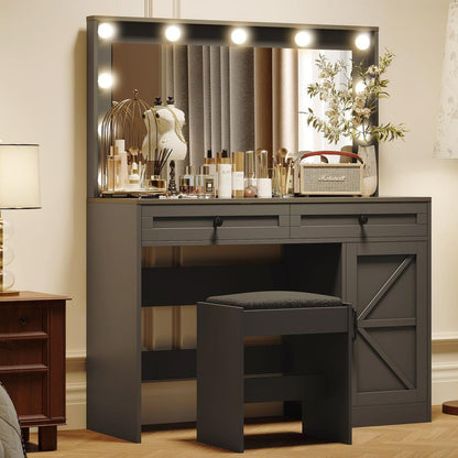 43.4"Makeup Vanity Table, Makeup Table with Large Mirror and 11 LED Light, Brightness Adjustable, Dressing Table Desk with 3 Drawers, Vanity Desk for Women(Black with Stool)