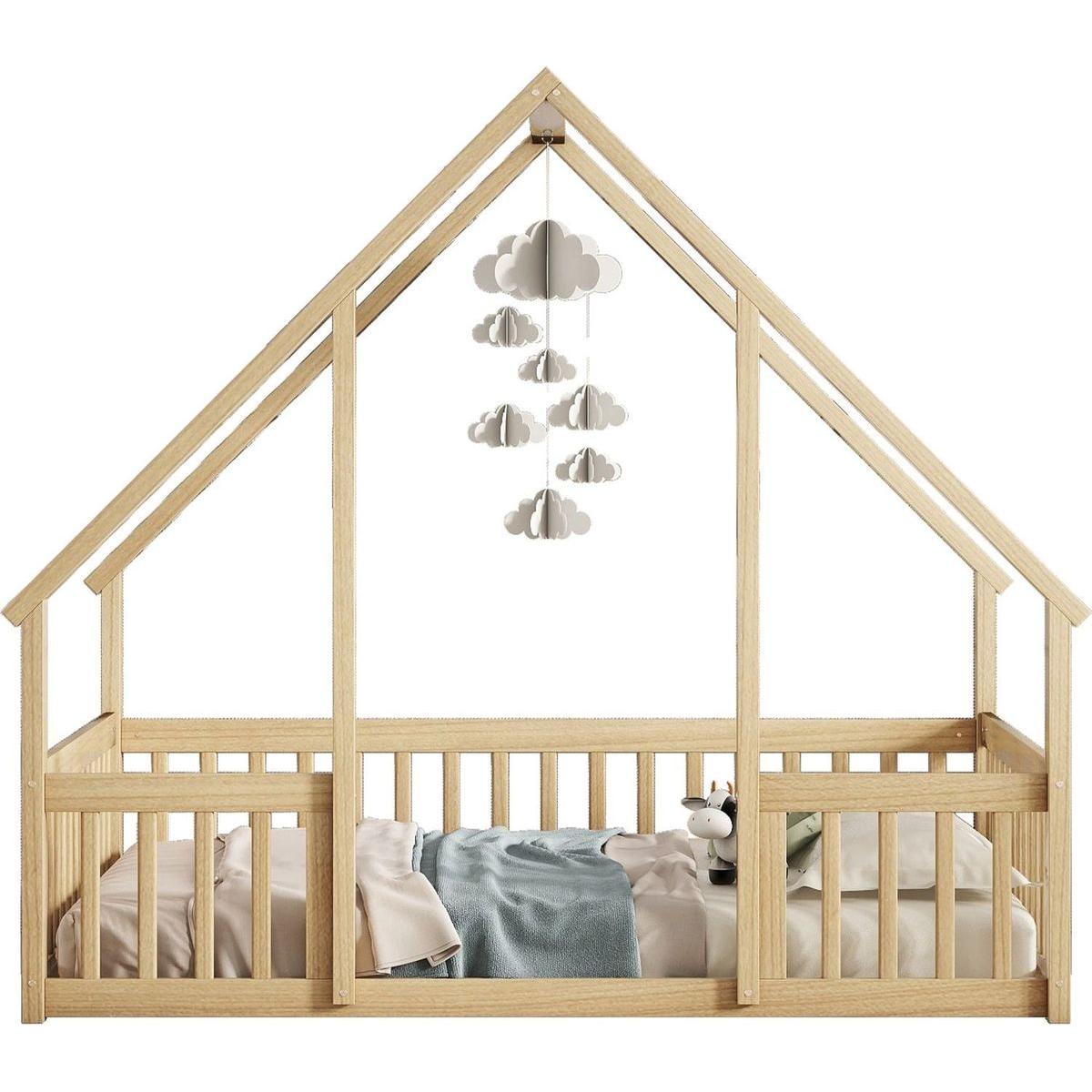 Full Wood House-Shaped Floor Bed with Fence, Guardrails,Natural