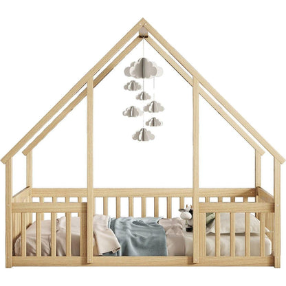Full Wood House-Shaped Floor Bed with Fence, Guardrails,Natural