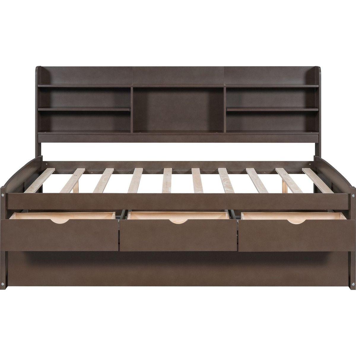Full Size Wooden Captain Bed with Built-in Bookshelves,Three Storage Drawers and Trundle,Antique Grey - Streamdale Furniture