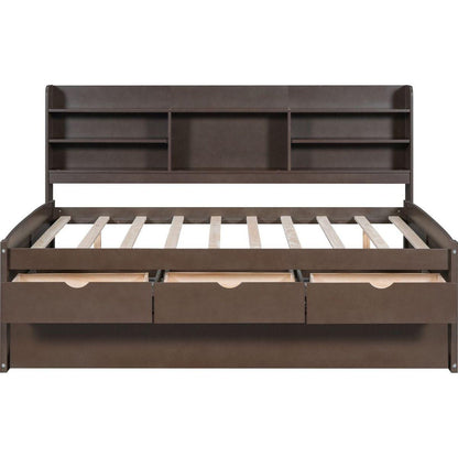 Full Size Wooden Captain Bed with Built-in Bookshelves,Three Storage Drawers and Trundle,Antique Grey - Streamdale Furniture