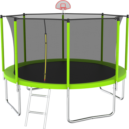 12FT Trampoline Green for Kids & Adults with Basketball Hoop and Ball ,Recreational Trampolines with Safety Enclosure for Back Yard Outdoor