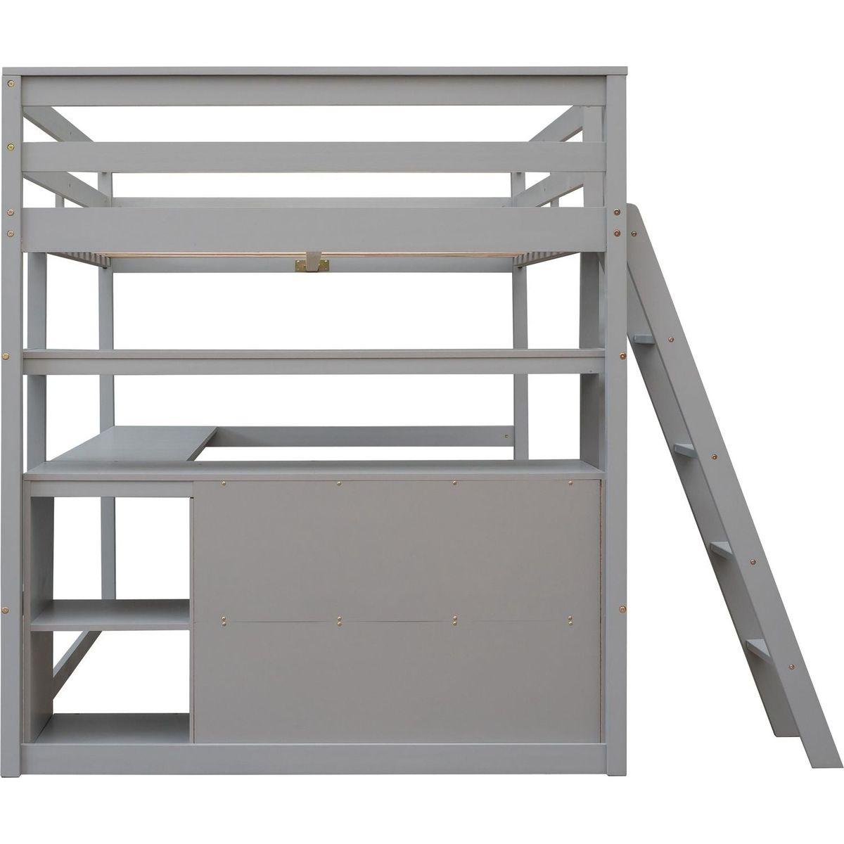 Full Size Loft Bed with Desk and Shelves,Two Built-in Drawers,Gray