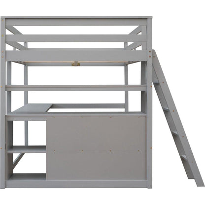 Full Size Loft Bed with Desk and Shelves,Two Built-in Drawers,Gray