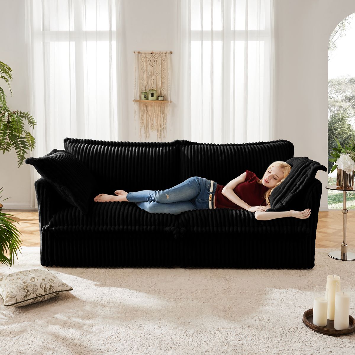 Modern Slipcovered 2-Seat Sofa Couches for Living Room, 2 Seater Sofa, Corduroy Deep Seat Sofa with Upholstered Cushion&Detachable Cover, Comfy Sofa Couch for Small Space, Apartment, Black Corduroy
