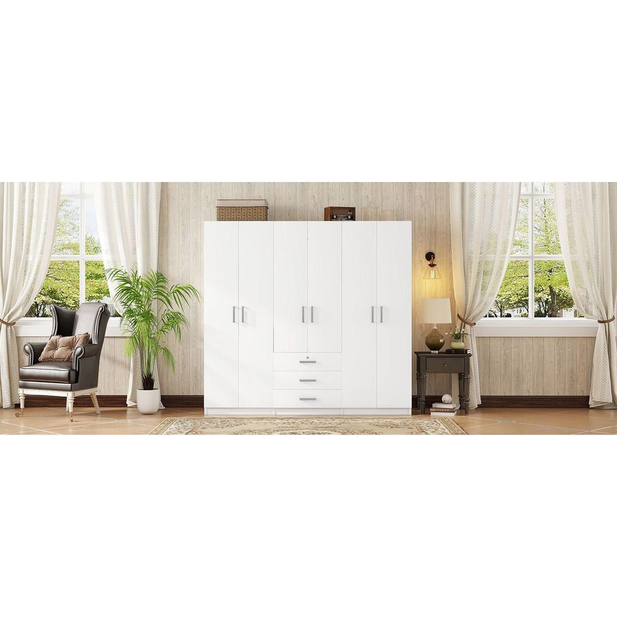 6-Doors Wooden Wardrobe Storage for Bedroom, with Big Drawers, White