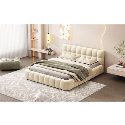 Queen Size Upholstered Platform Bed with Thick Fabric, Grounded Bed with Solid Frame, Beige