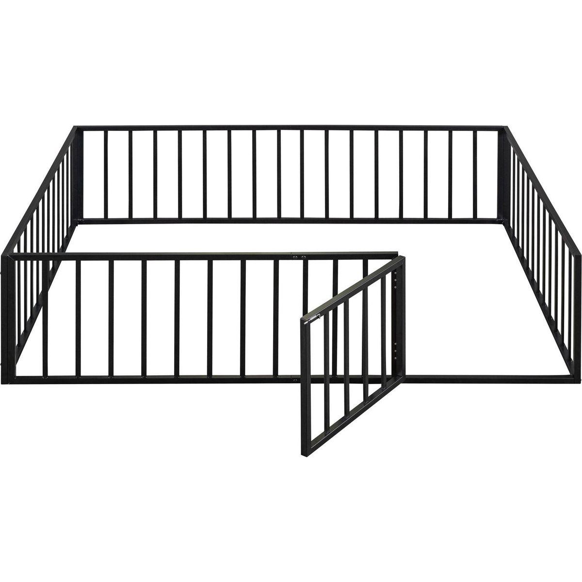 Queen Size Metal Floor Bed Frame with Fence and Door, Black