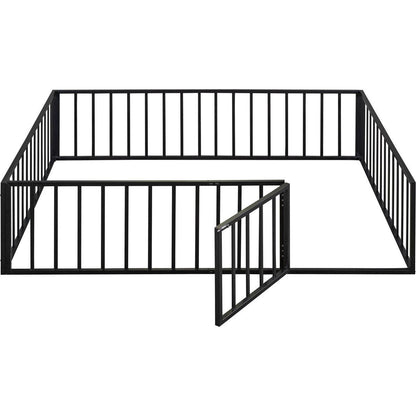 Queen Size Metal Floor Bed Frame with Fence and Door, Black