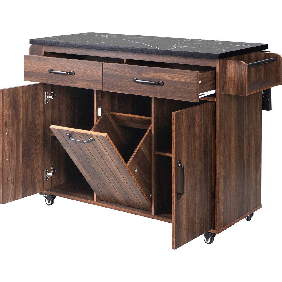 Kitchen Island with Trash Can Storage Cabinet, Kitchen Cart with Drop Leaf, Spice Rack, Towel Rack and Drawer, Rolling Kitchen Island on Wheels with Adjustable Shelf, Walnut Brown