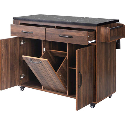 Kitchen Island with Trash Can Storage Cabinet, Kitchen Cart with Drop Leaf, Spice Rack, Towel Rack and Drawer, Rolling Kitchen Island on Wheels with Adjustable Shelf, Walnut Brown