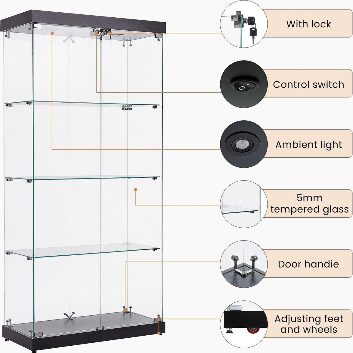 4-Tier Glass Display Cabinet, Double Door Glass Cabinet, Four Partitions, Two Locks, Floor Standing Storage Cabinet for Living Room, Bedroom, Showroom and Office, Black, 31.5"L x 14.2"W x 66.3"H