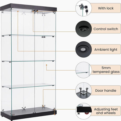 4-Tier Glass Display Cabinet, Double Door Glass Cabinet, Four Partitions, Two Locks, Floor Standing Storage Cabinet for Living Room, Bedroom, Showroom and Office, Black, 31.5"L x 14.2"W x 66.3"H