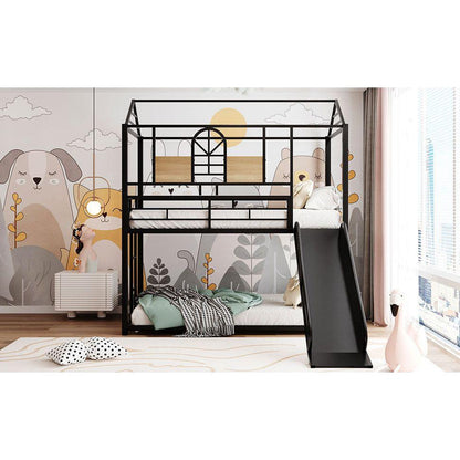 Twin Over Twin Metal Bunk Bed, Metal Housebed With Slide,Three Colors Available.(Black with Black Slide)
