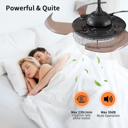 Contemporary LED Retractable Ceiling Fan with Light and Remote Control, Quiet Reversible Motor,4 Blades Modern Ceiling Fans for Kitchen Bedroom Dining Room Patio