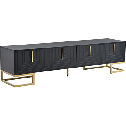 Modern TV Stand with Metal Legs and Gold Handles for TVs Up to 80", Media Console Table with Cabinets and Adjustable Shelves, Luxury TV Cabinet with Geometric Lines for Living Room, Black
