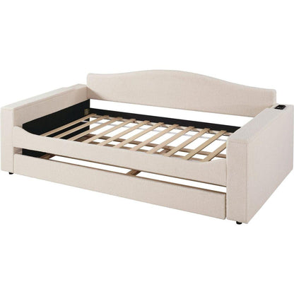 Twin Size Upholstered Daybed with Storage Armrests, Trundle and Latest Integrated Bluetooth Audio System, Teddy Fleece, Beige