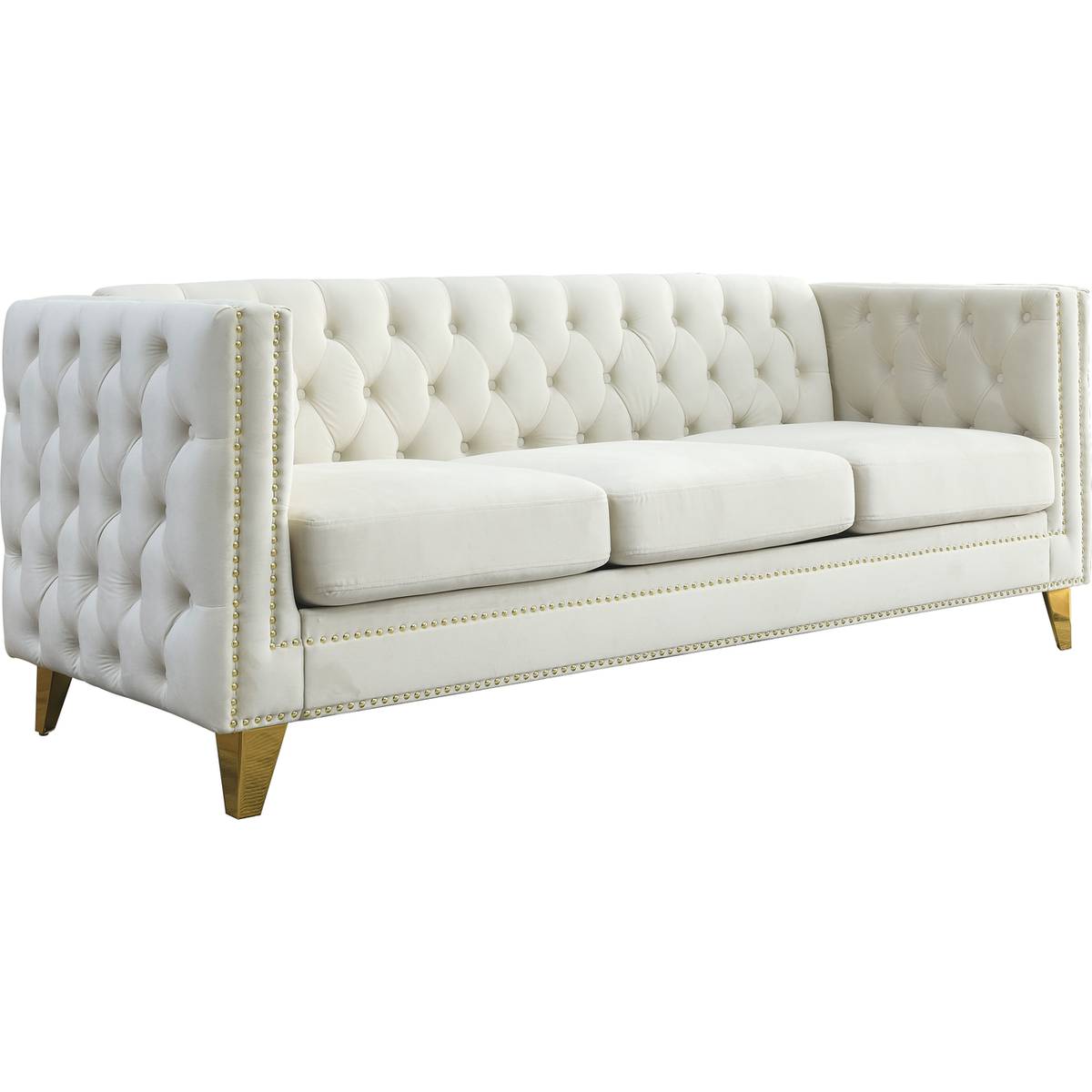 Velvet Sofa for Living Room,Buttons Tufted Square Arm Couch, Modern Couch Upholstered Button and Metal Legs, Sofa Couch for Bedroom, Beige Velvet, 2PCS