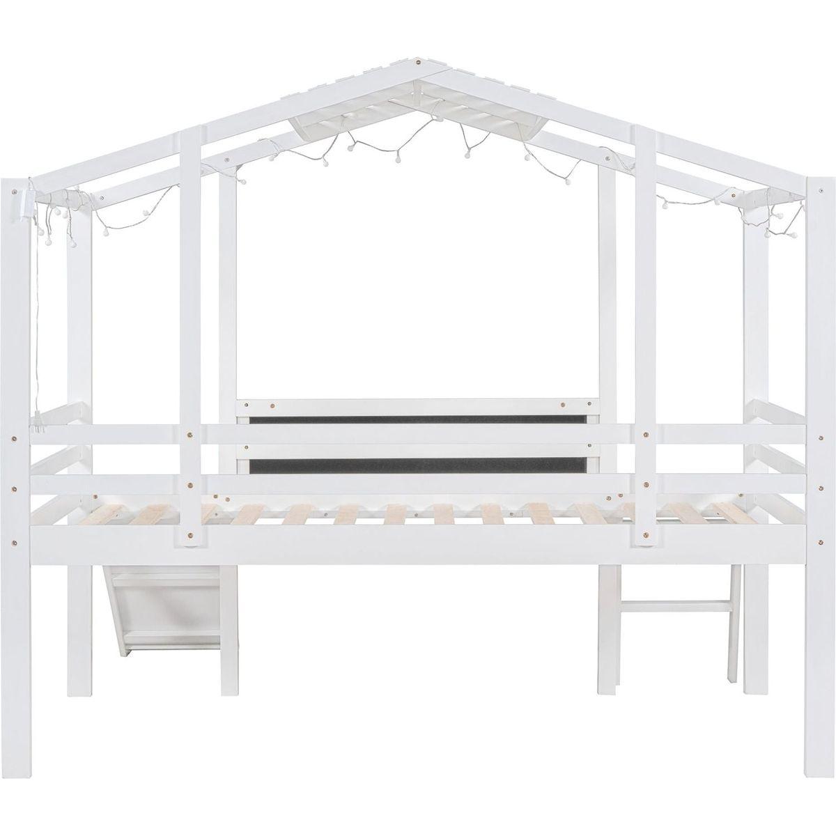 Twin Size Loft Bed with Ladder and Slide, House Bed with Blackboard and Light Strip on the Roof, White