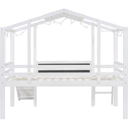 Twin Size Loft Bed with Ladder and Slide, House Bed with Blackboard and Light Strip on the Roof, White