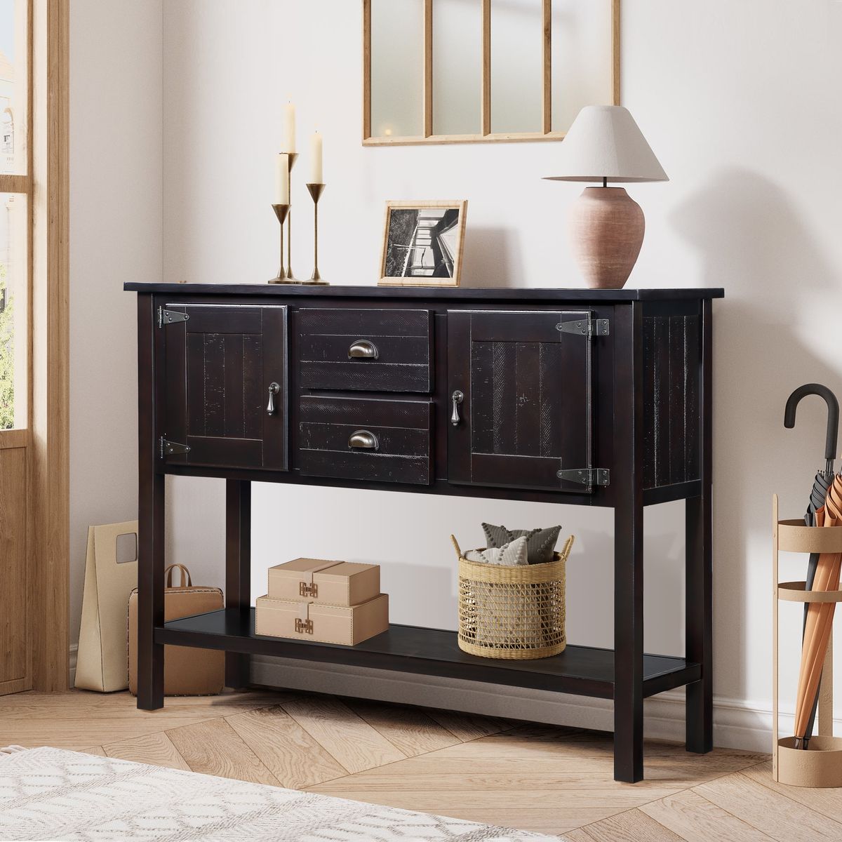 48'' Solid Wood Sideboard Console Table with 2 Drawers and Cabinets and Bottom Shelf, Retro Style Storage Dining Buffet Server Cabinet for Living Room Kitchen Dining Room (Espresso