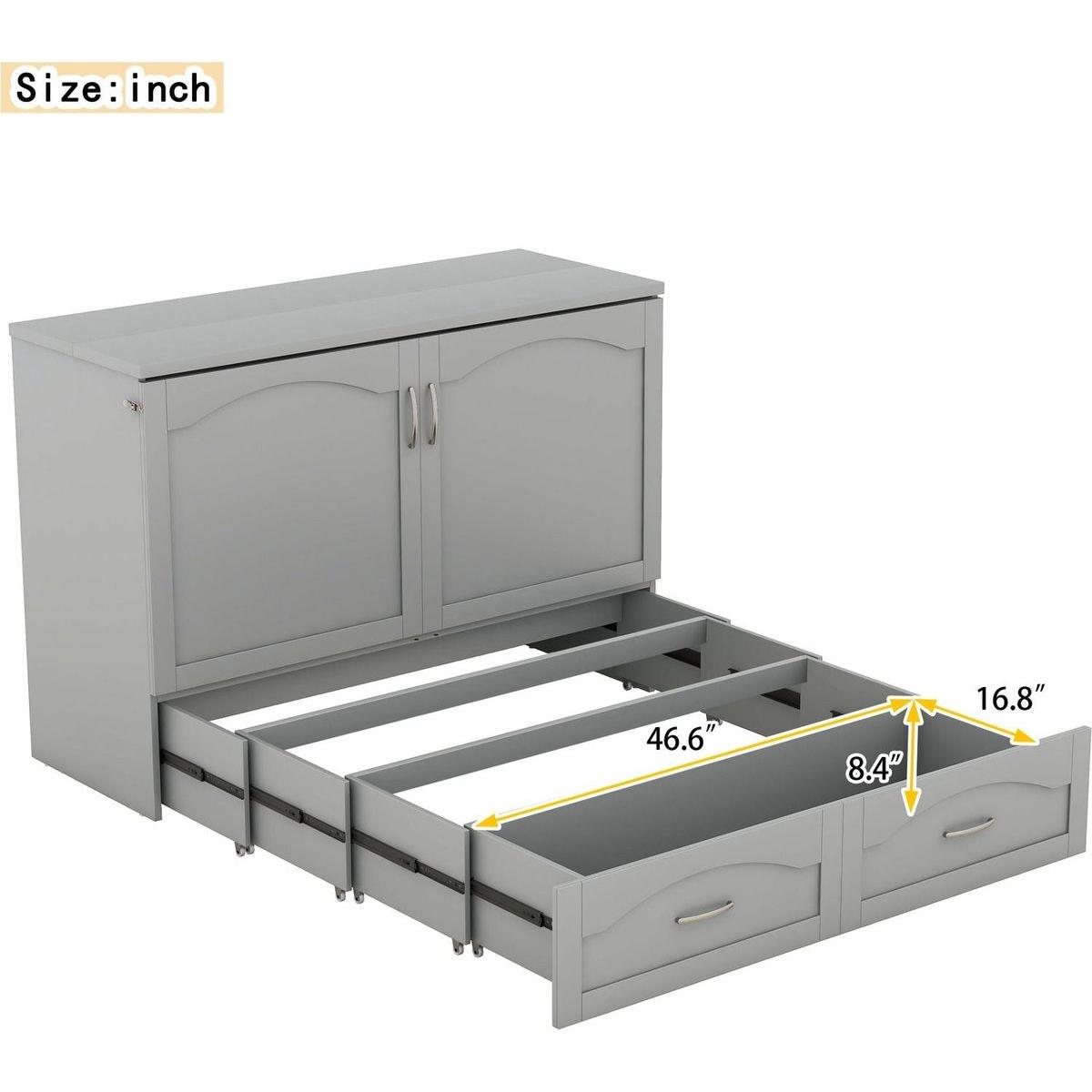 Full Size Murphy Bed Wall Bed with drawer and a set of Sockets & USB Ports, Pulley Structure Design, Gray